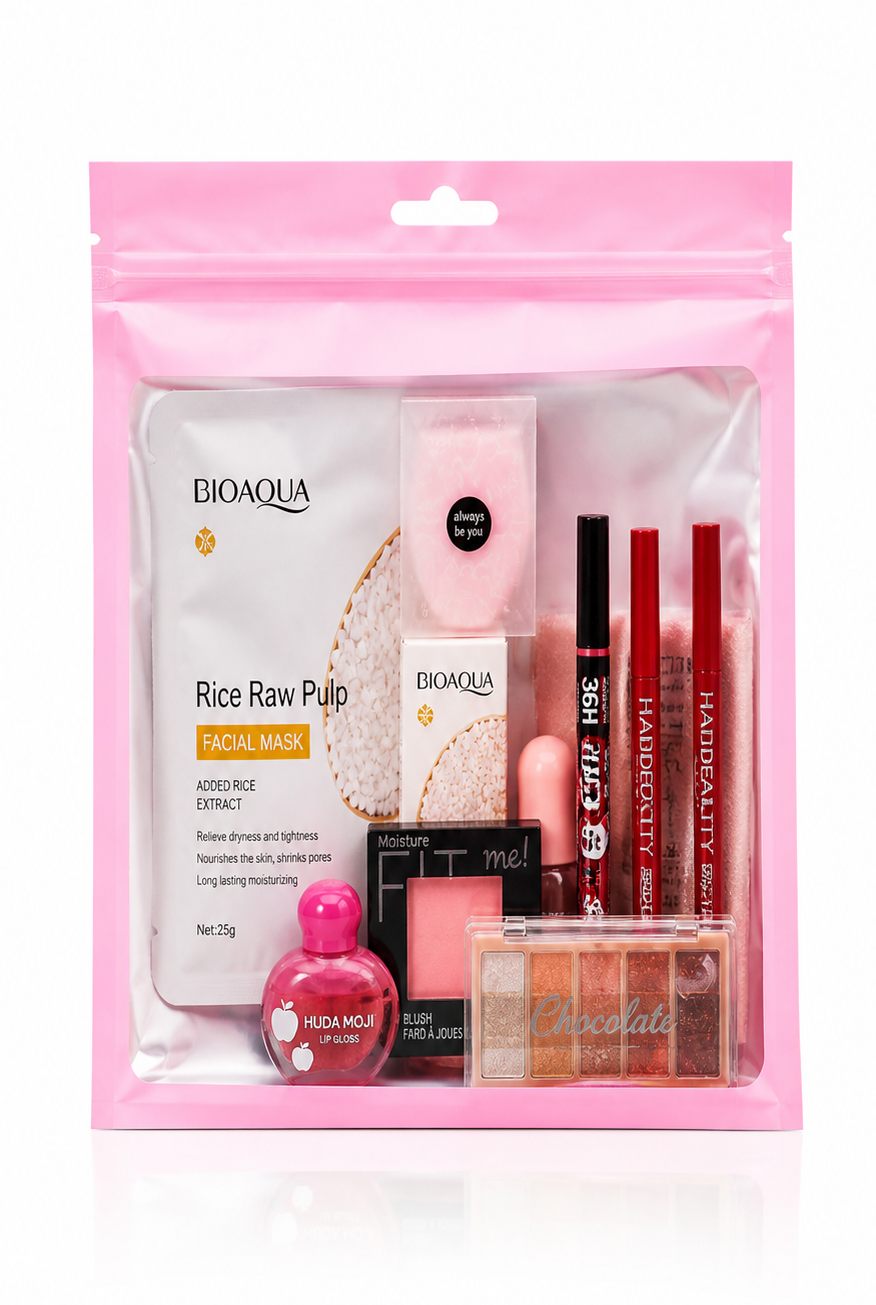 Complete Glow-Up Kit – Makeup + Skincare Set with Stylish Pink Bag