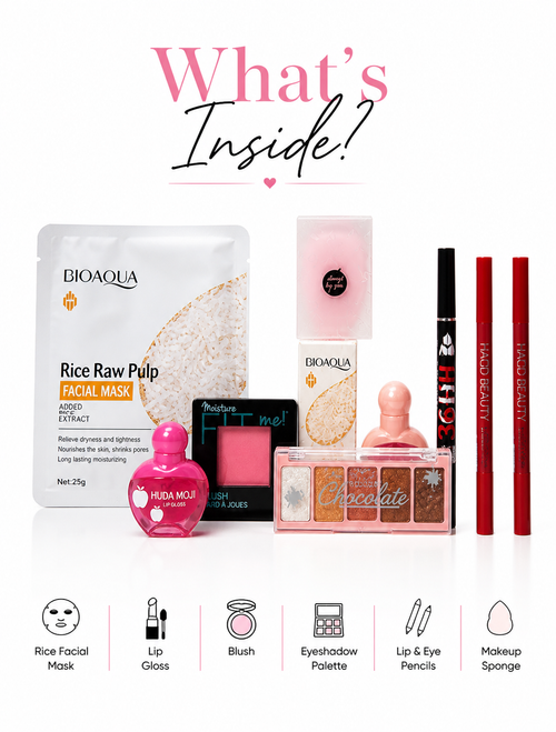 Complete Glow-Up Kit – Makeup + Skincare Set with Stylish Pink Bag