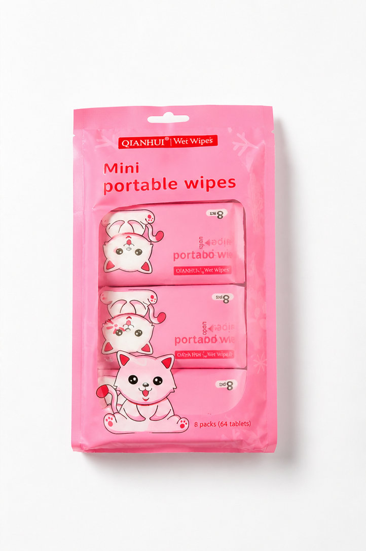 Mini Portable Wet Wipes – 8x8(64pcs) Pack Travel Set | Soft & Gentle Cleansing